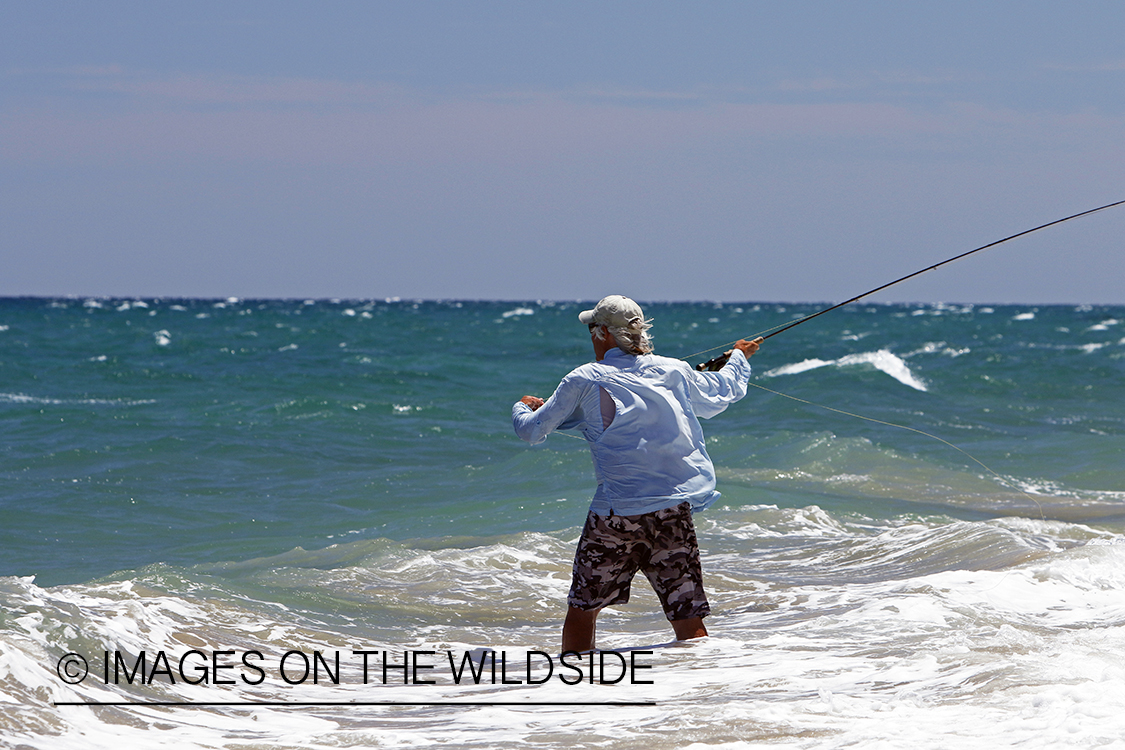 Flyfisherman fishing for roosterfish on beach.