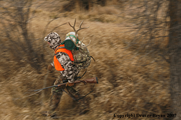 Mule deer hunter in field.