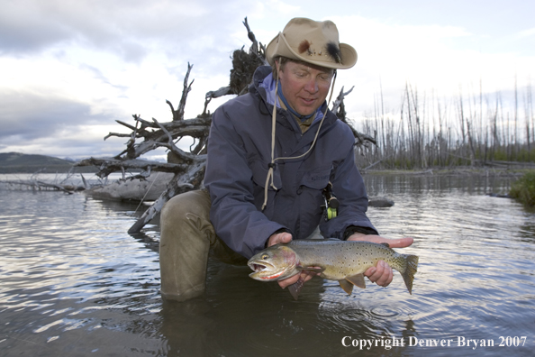 Flyfisherman releasing cutthroat trout.