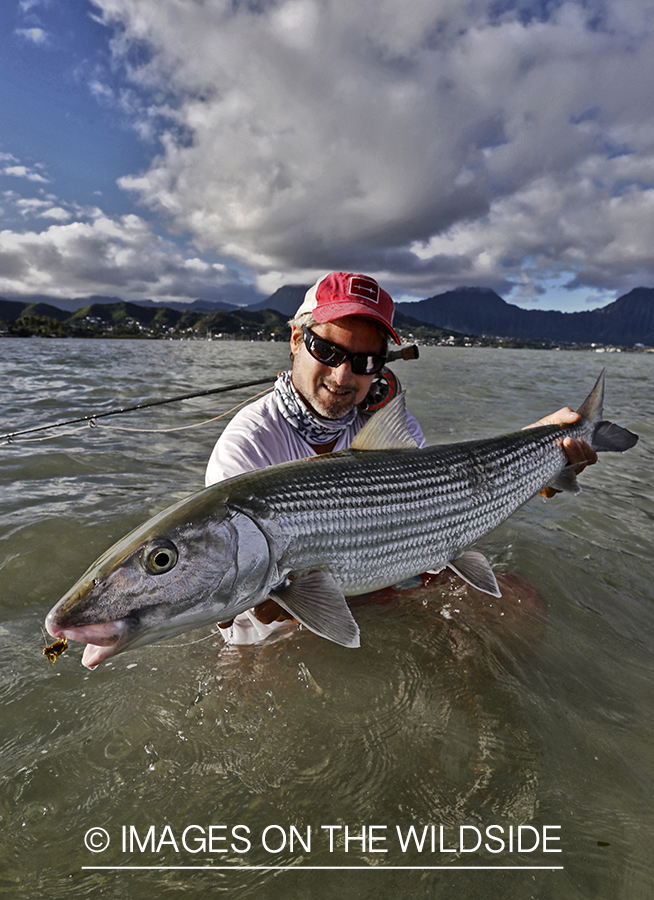 Saltwater flyfisherman with 13 lb bonefish, in Hawaii. (HDR)