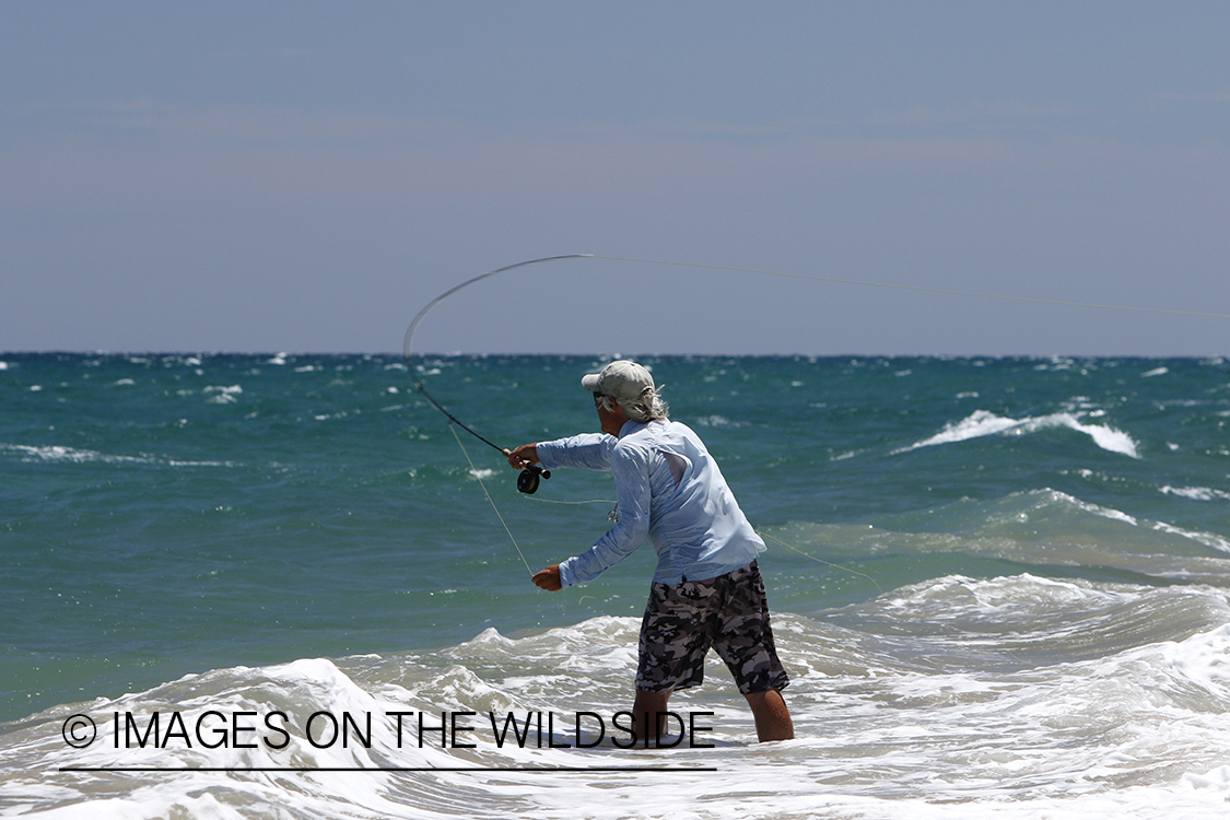 Flyfisherman fishing for roosterfish on beach.