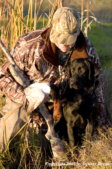 Duck hunter and Labrador Retriever at edge of marsh with bagged canvasback drake.