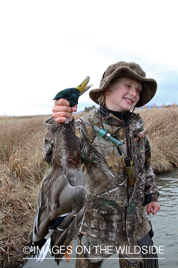 Young waterfowl hunter with bagged mallard.