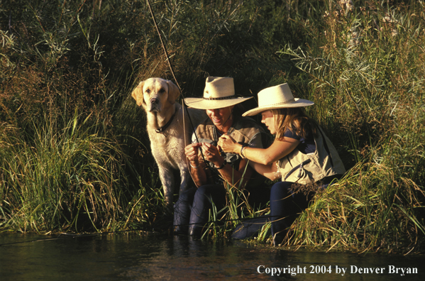 Women flyfishers checking/tying flies with yellow Lab.