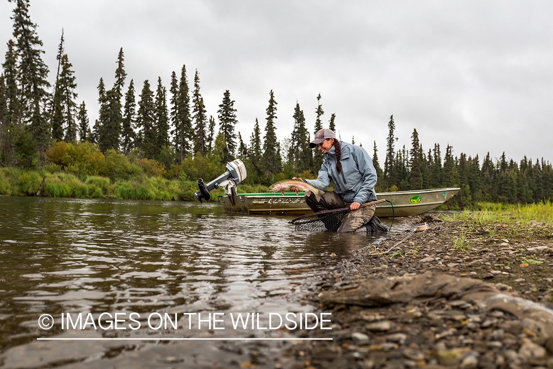 Flyfisher Camille Egdorf with rainbow trout.