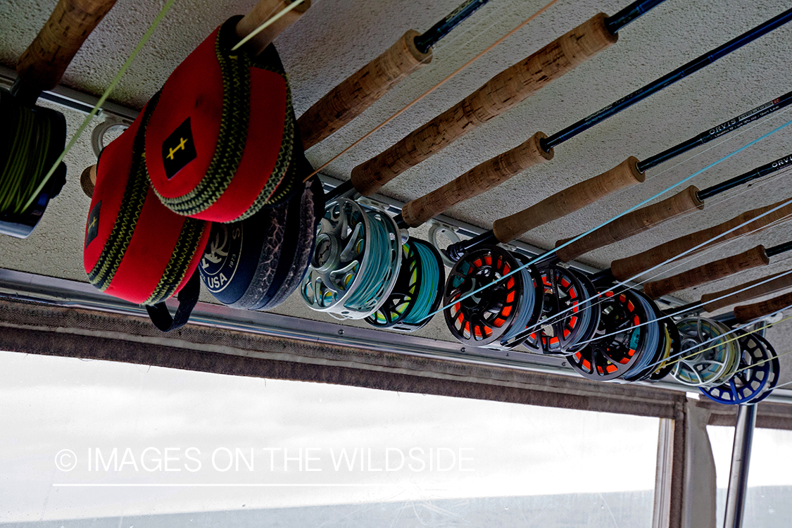 Saltwater fly rods on boat.