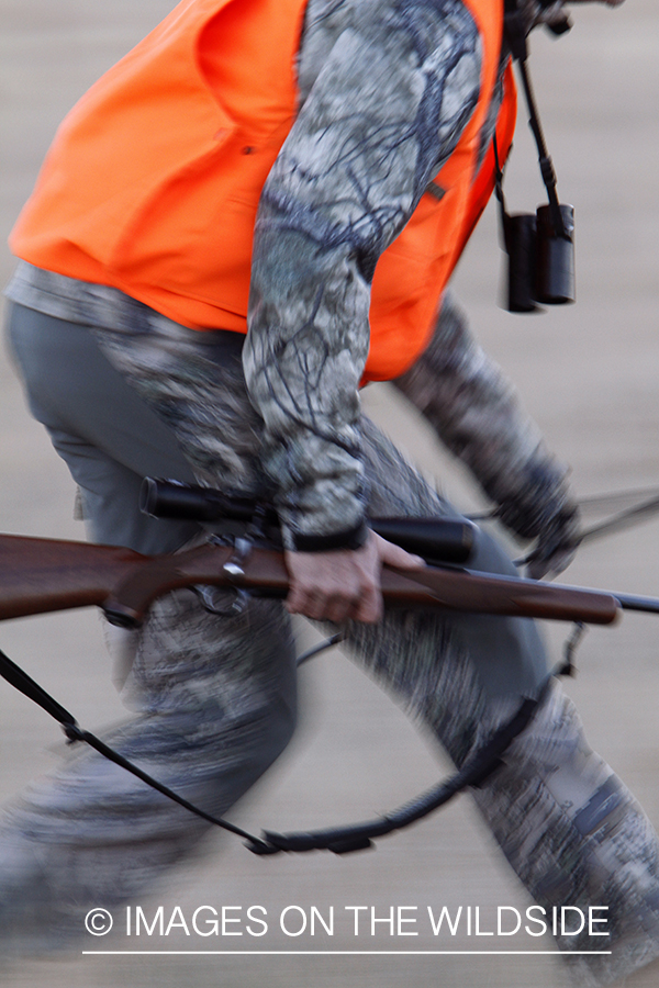 Big game hunter stalking game in field.