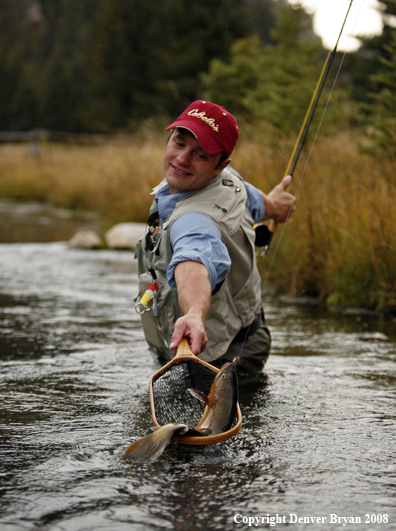 Flyfisherman Landing Cutthroat Trout