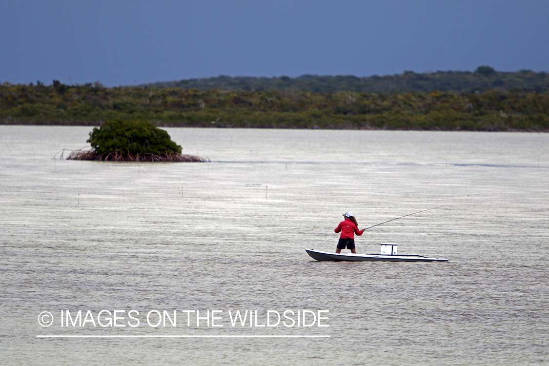 Saltwater flyfishing woman on stand up paddle board casting line.