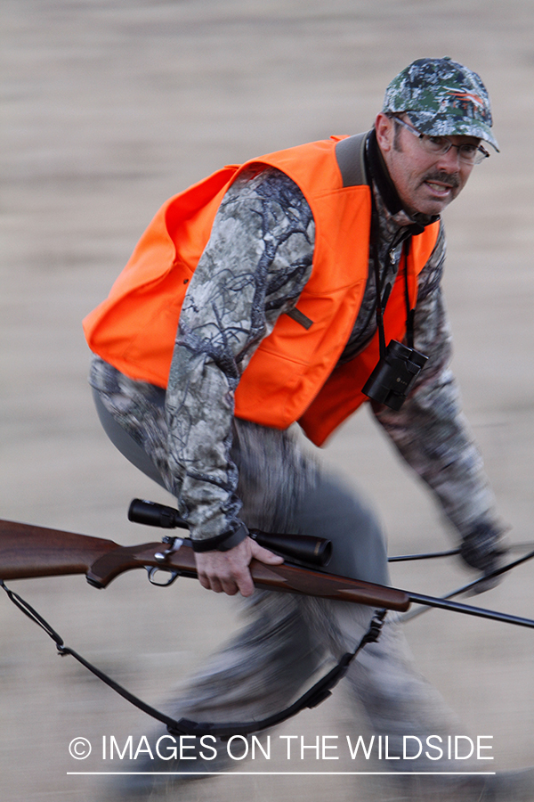 Big game hunter stalking game in field.