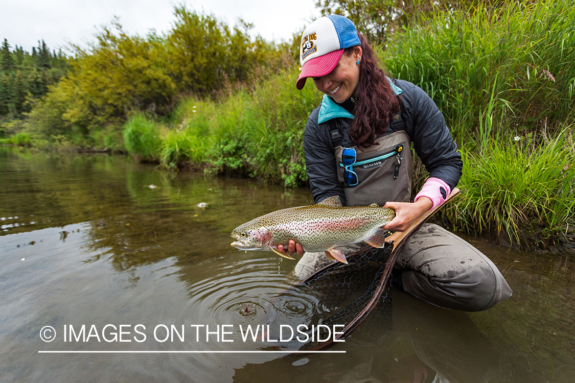 Flyfisher Camille Egdorf with rainbow trout.