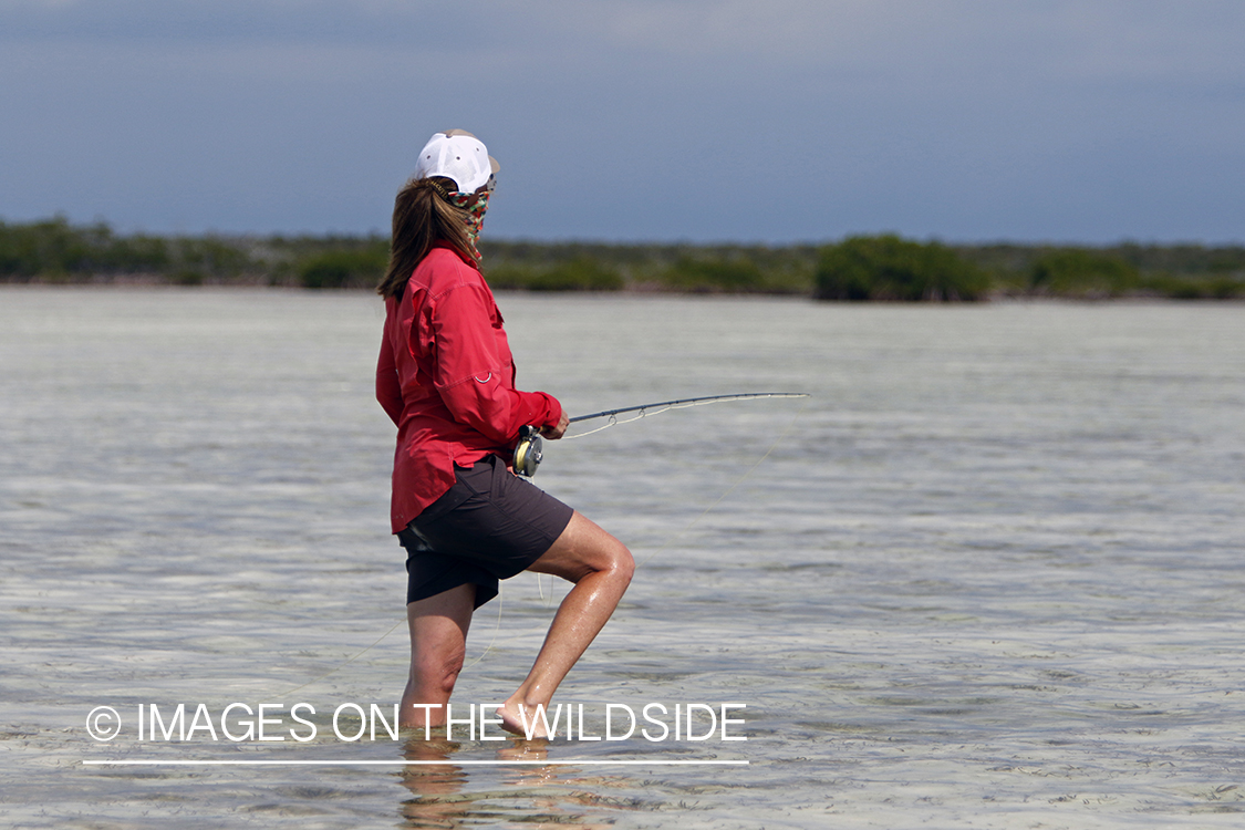 Saltwater flyfishing woman walking on flats.