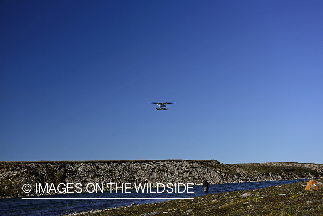 Float plane flying over flyfisherman in Arctic.