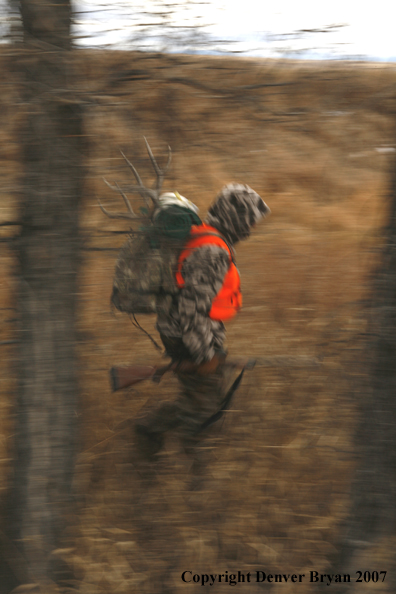 Mule deer hunter in field.