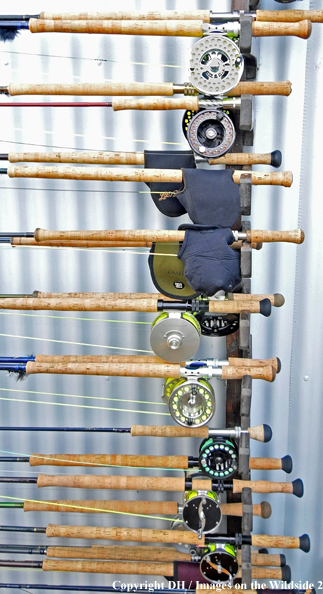 Flyfishing rods on rack. 