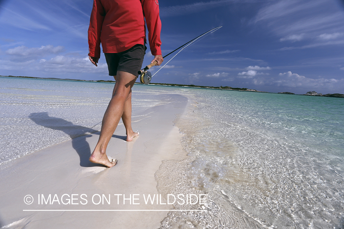 Saltwater flyfishing woman walking on flats.