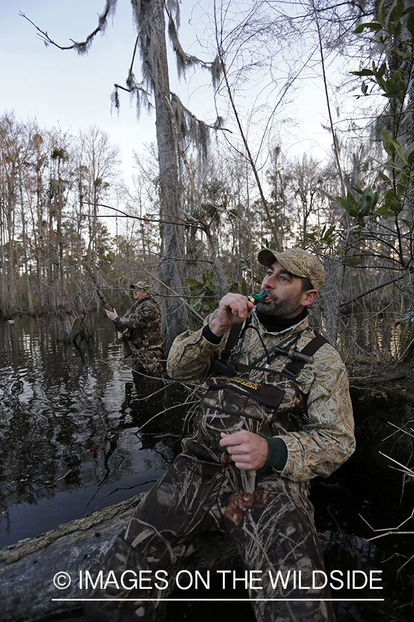 Waterfowl hunters calling ducks in southern wetlands. 