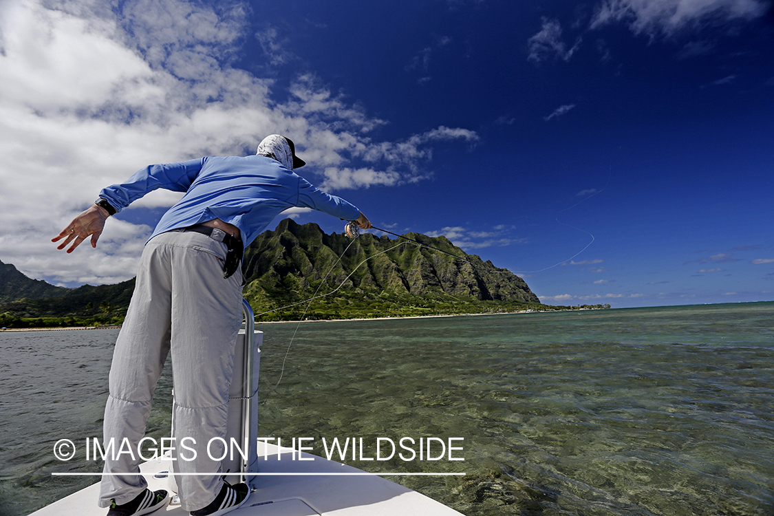 Saltwater flyfisherman fishing on flats boat, in Hawaii. 