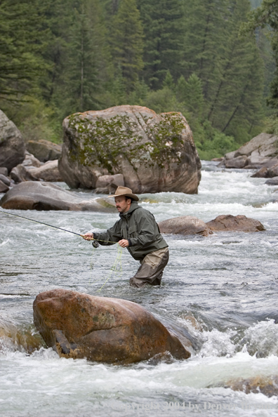 Flyfisherman pocket fishing on stream.