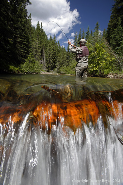 Flyfisherman standing above waterfall flyfishing