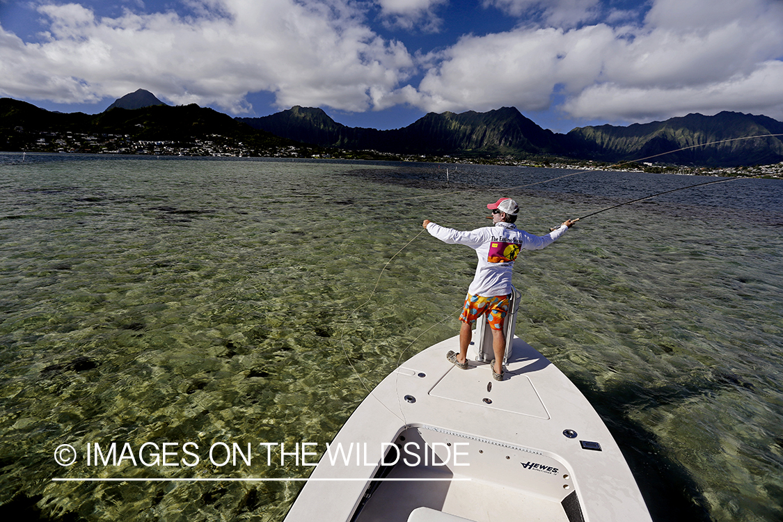 Saltwater flyfisherman fishing on flats boat, in Hawaii. 