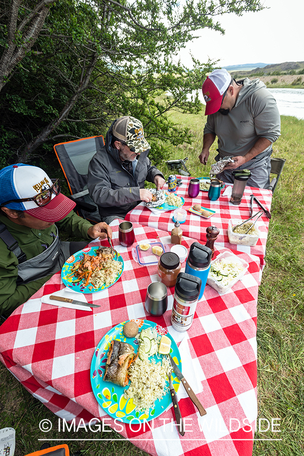 Flyfishermen having lunch.