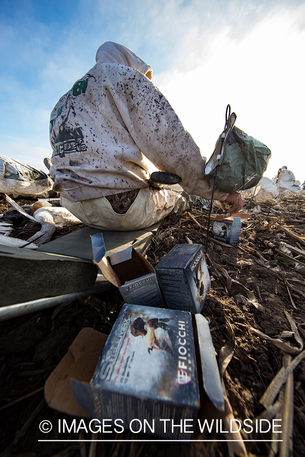 Hunters in field with decoys. 