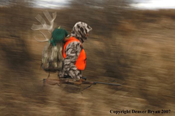 Mule deer hunter in field.