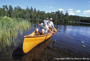 Father and son fishing from cedar canoe.  Fish on line.