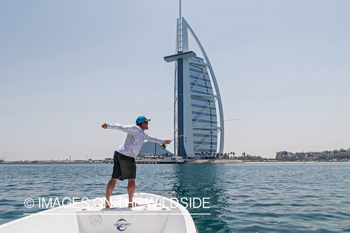 Flyfishing for queenfish off the coast of Dubai, UAE.