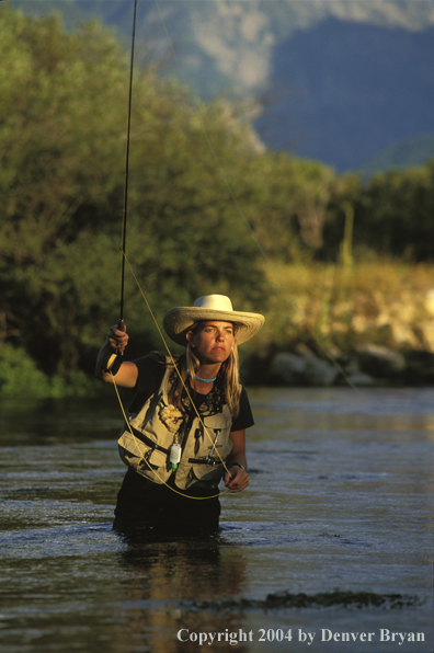 Woman flyfisher casting in river