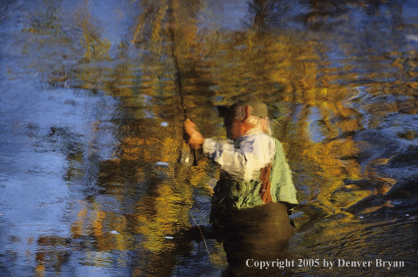 Reflection of flyfisherman on autumn colored stream.