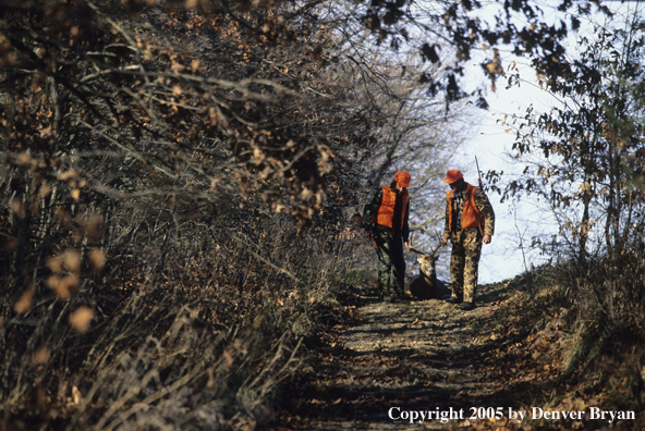 Father and son hunters dragging deer kill through the woods in fall.