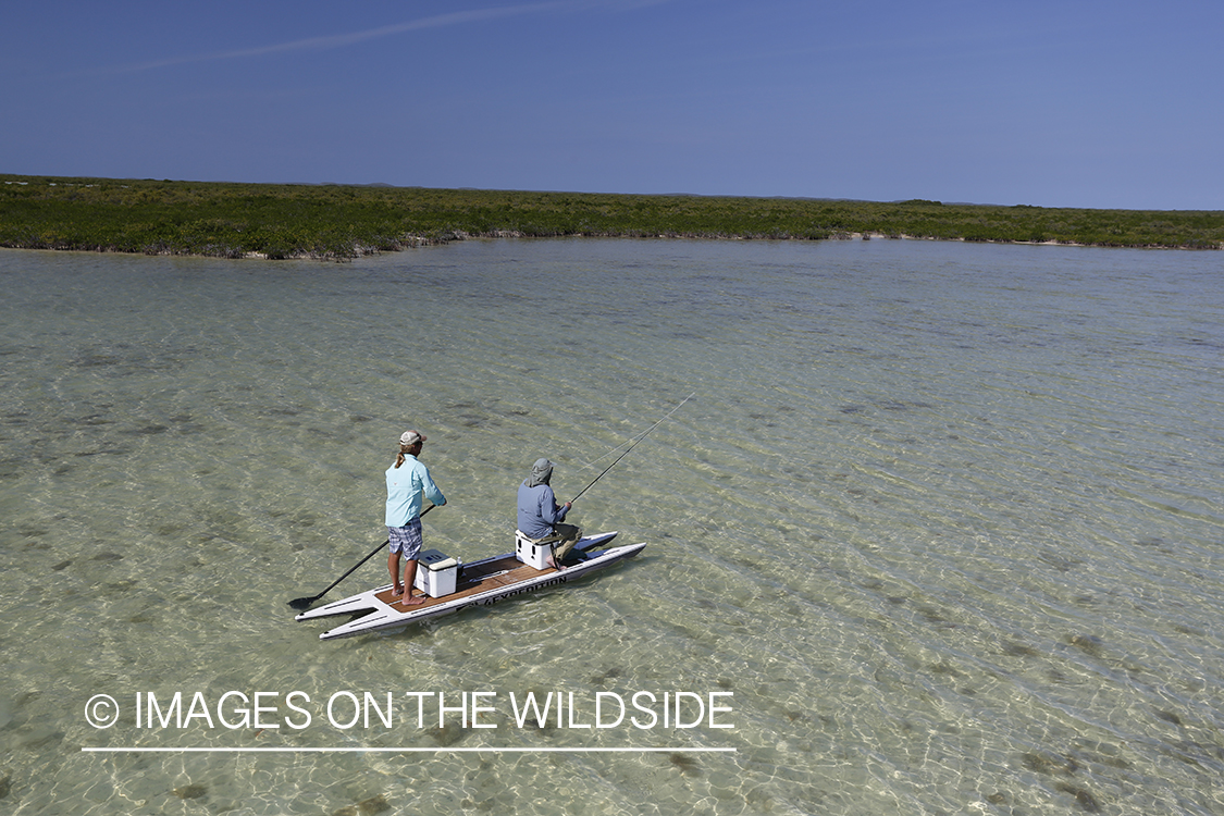 Saltwater flyfishermen on stand up paddle boards.