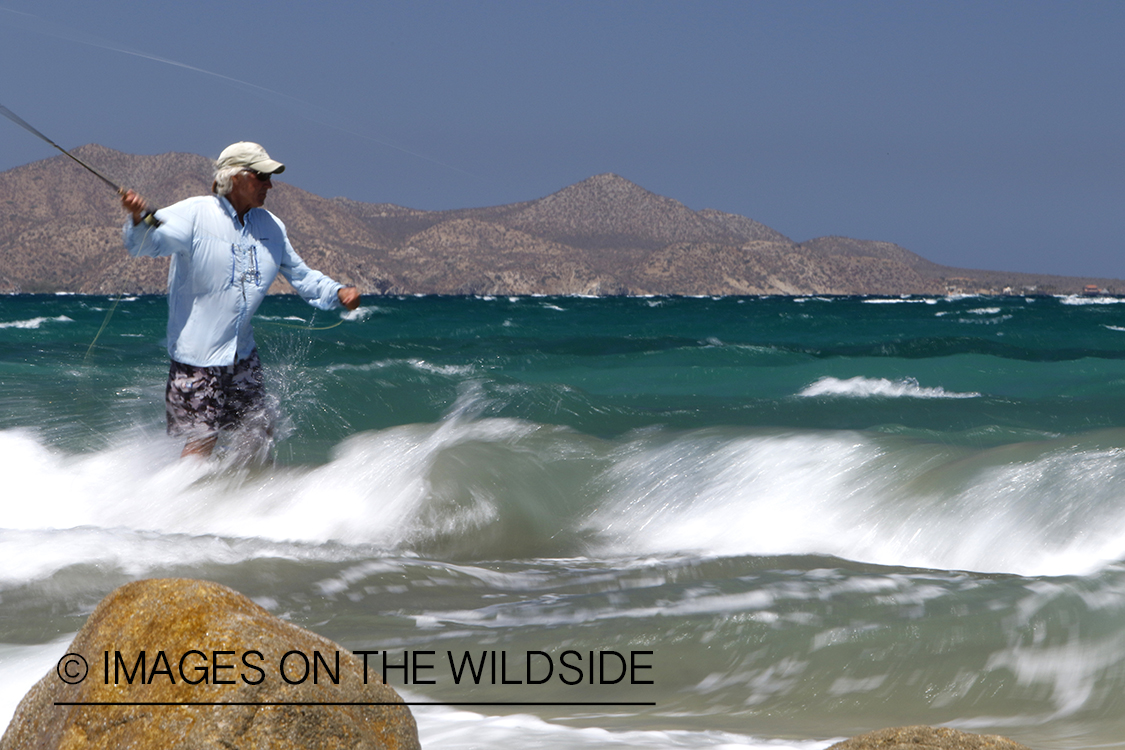 Flyfisherman fishing for roosterfish on beach.