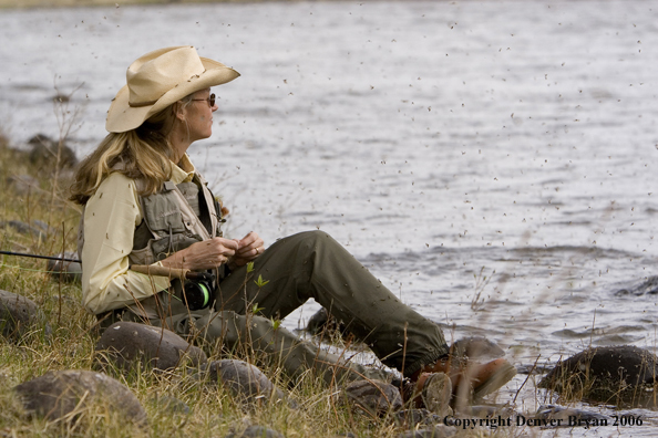 Woman flyfisher on the river in caddis fly hatch.  