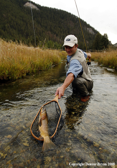 Flyfisherman Landing Cutthroat Trout