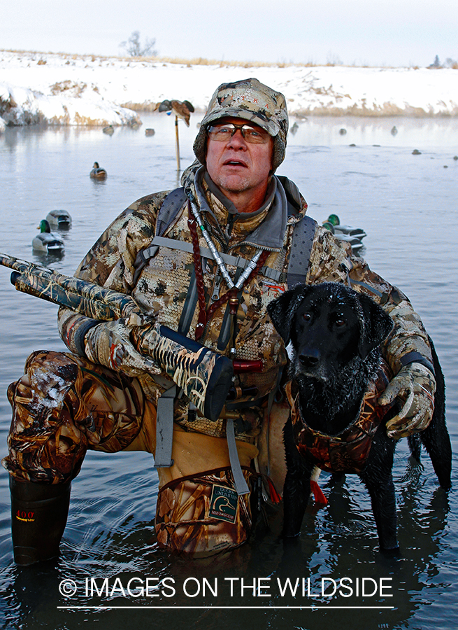 Waterfowl hunter and dog with decoys.