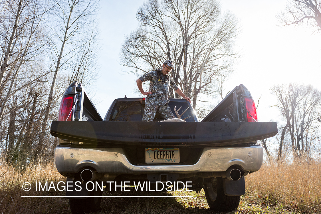 Exhausted bow hunter in truck with white-tailed deer.