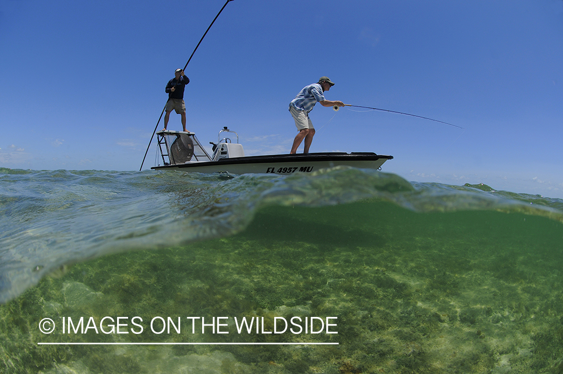 Saltwater flyfisherman casting on flats boat.