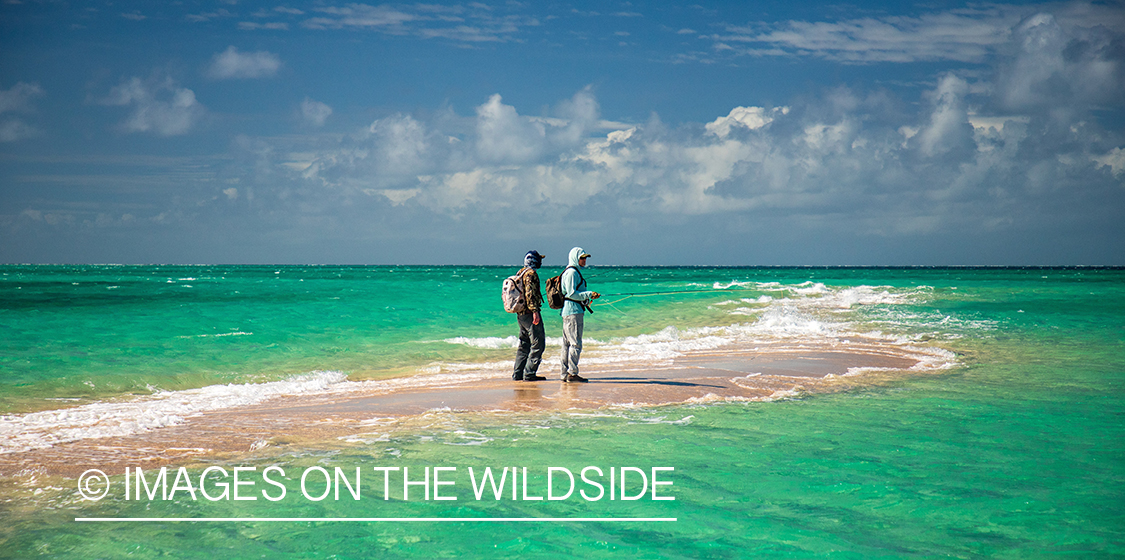 Saltwater flyfishermen fishing along Australia's Great Barrier Reef.