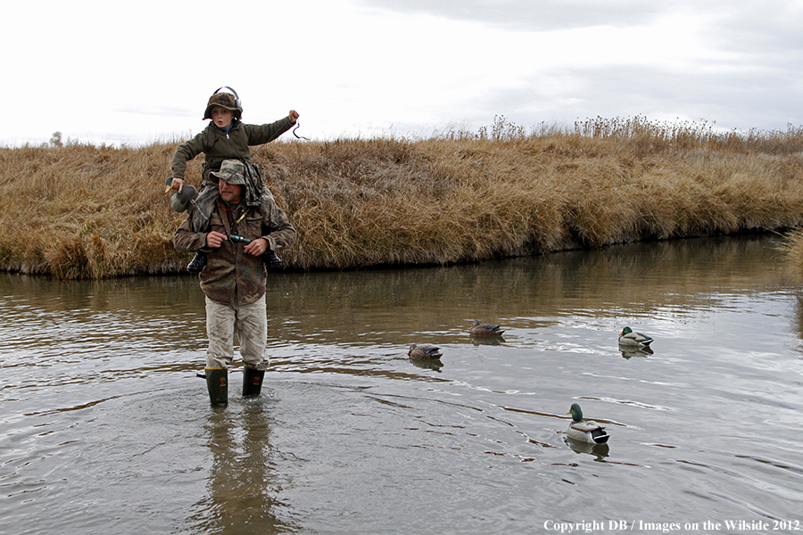 Father and son hunting waterfowl.