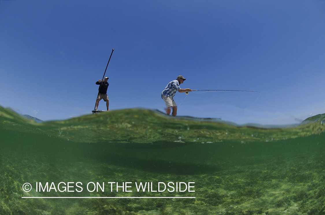 Saltwater flyfisherman casting on flats boat.