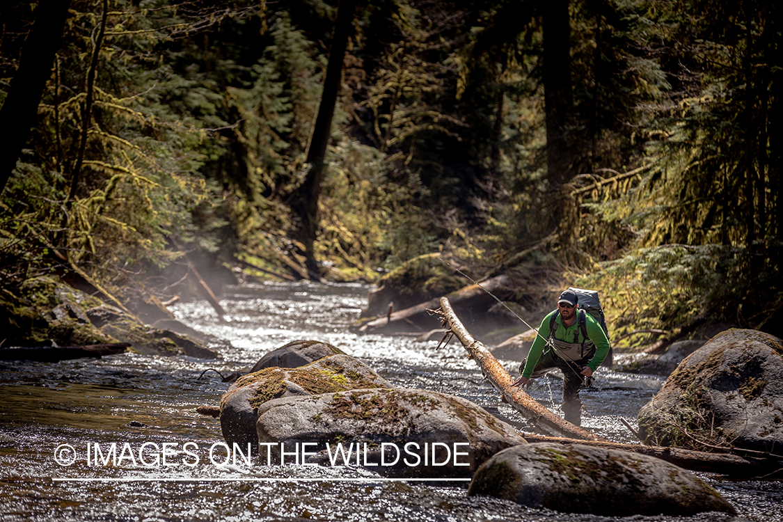 Flyfisherman working up river.