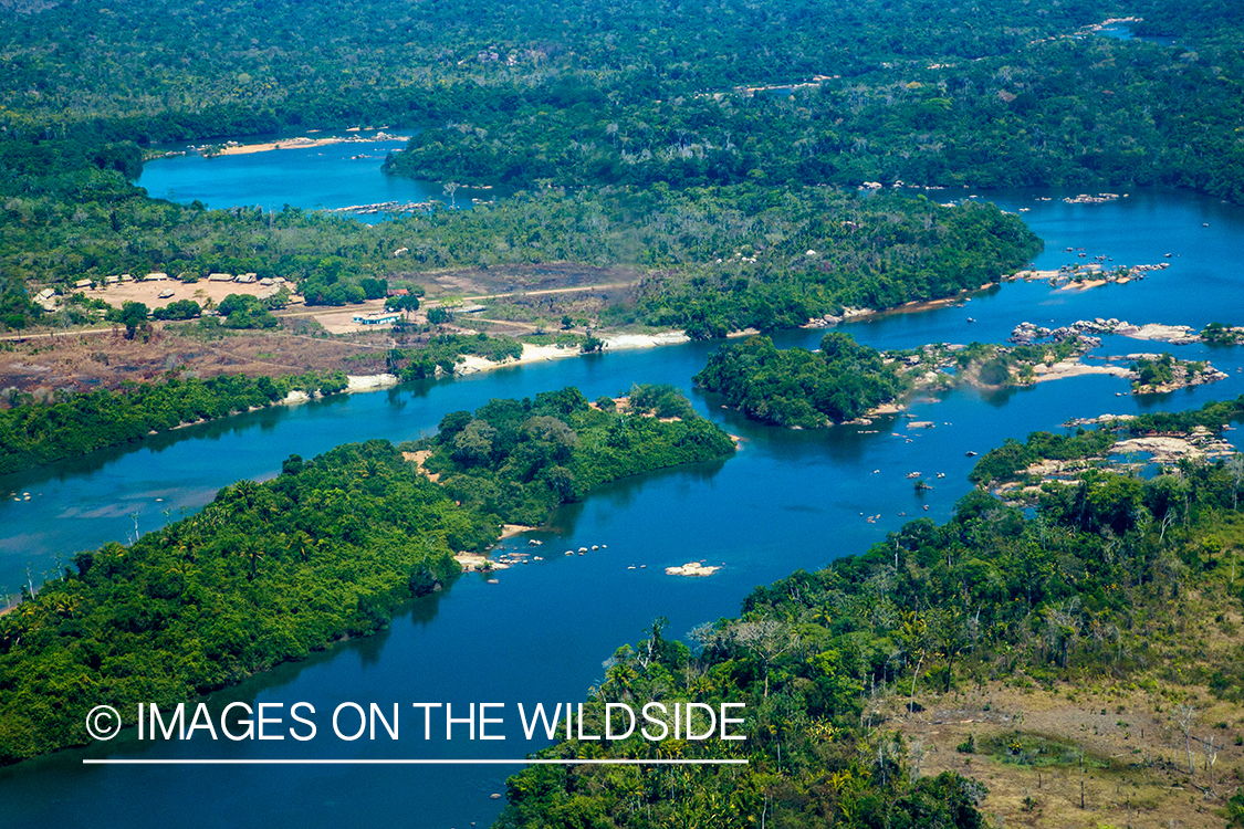 Aerial view of river in Kendjam region, Brazil.