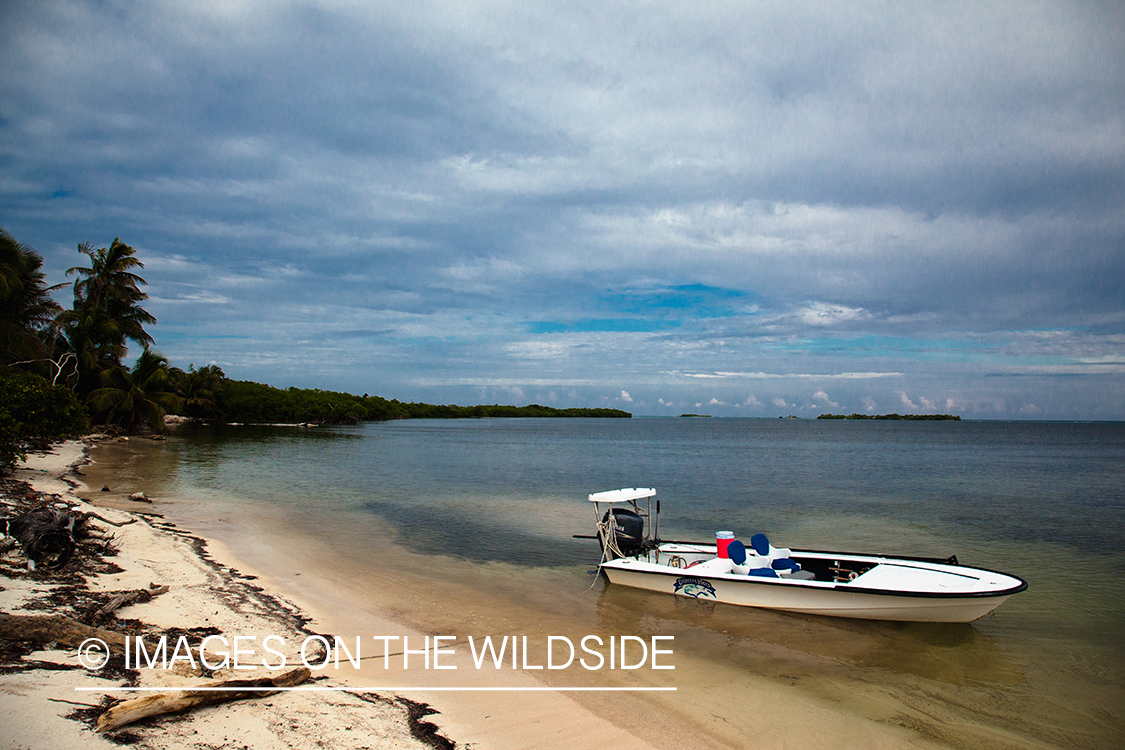 Flats boat tied off to shore.