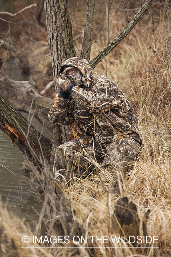 Waterfowl hunter waterfowl calling in wetlands.