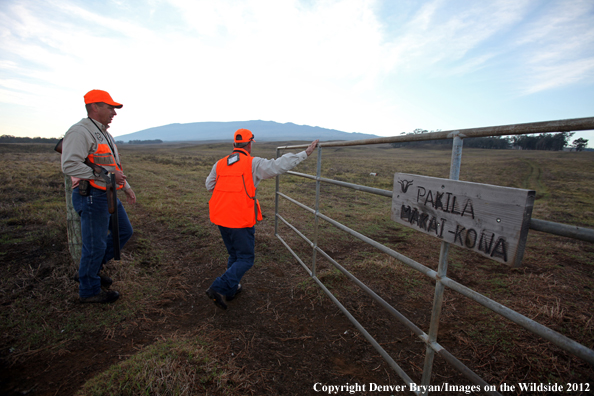 Upland game hunters opening gate. 