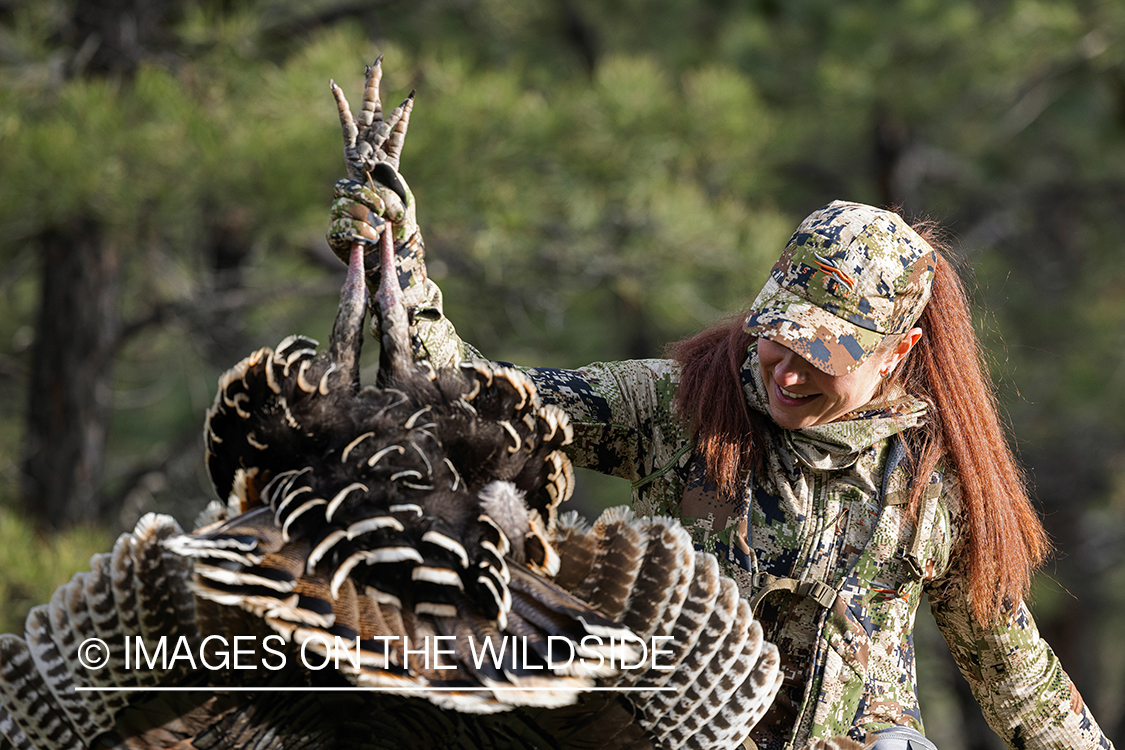 Women hunter with bagged turkey.