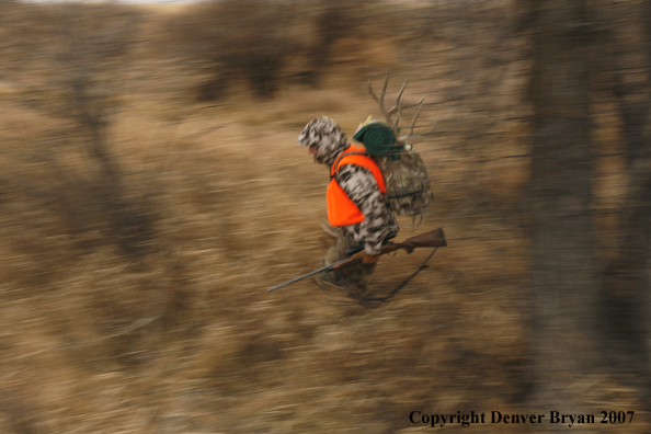 Mule deer hunter in field.